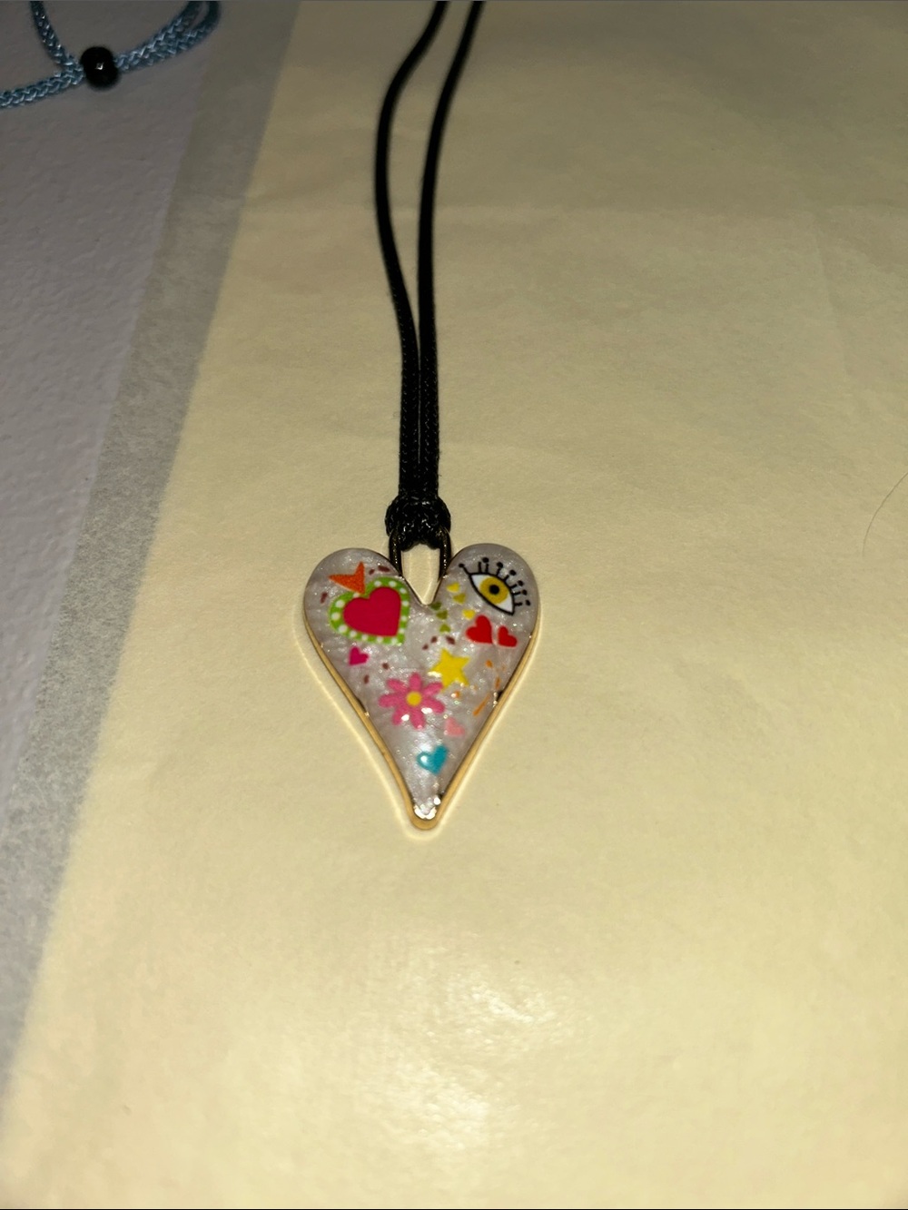 Hand-Painted Heart Pendant Necklace in Multicolor on Black Cord